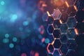 Abstract geometric pattern with vibrant hexagonal tiles in shades of blue, pink, and purple, creating a textured mosaic