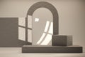 Abstract geometric podium scene 3d rendering with gray plaster texture arch wall and window shadow for presentation