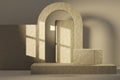 Abstract geometric podium scene 3d rendering with plaster texture arch wall and window shadow with warm sunlight for