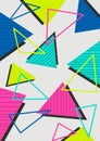 Abstract geometric pop art color background with bright yellow, pink and blue shapes. Vector overlay pattern with geometric forms