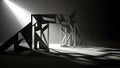 Abstract geometric portal structure illuminated by dramatic single directional spotlight creates sharp shadows Royalty Free Stock Photo