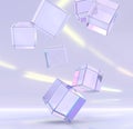 Abstract geometric purple background with flying crystal cubes or blocks, refraction effect of rays in glass. Clear