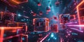 abstract geometric red and blue neon background. many futuristic cubes in space. 3D illustration