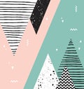 Abstract geometric Scandinavian style pattern with mountains, trees and triangles.