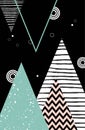 Abstract geometric Scandinavian style pattern with mountains, trees and triangles.