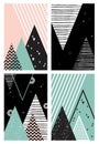 Abstract geometric Scandinavian style pattern set with mountains, trees and triangles.