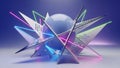 Abstract Geometric Sculpture with Neon Light Streaks and Spherical Core on a Gradient Background Royalty Free Stock Photo