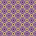 Abstract geometric seamless background with repeating circles and four pointed stars in lilac, black and yellow