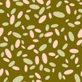 Abstract geometric colorful seamless pattern with random pale ovals on a muted olive green background