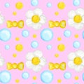 Abstract geometric seamless pattern with circles and bow elements. Pink Background with Polka Dot fabric. Trendy hand Royalty Free Stock Photo