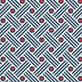 Abstract geometric seamless pattern with lines and circle shapes in dark blue and red on white backgrounds. Royalty Free Stock Photo