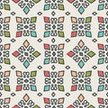 Abstract geometric seamless pattern. Modern kaleidoscope background with different color figures and shapes. Creative texture.