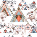 Abstract geometric seamless pattern with polar bear, watercolor triangles Royalty Free Stock Photo