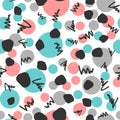 Abstract geometric seamless pattern. Repeated circles and scribbles drawn by hand.