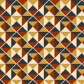 Abstract geometric seamless pattern with square and triangle shapes in black, red, and yellow colors. Royalty Free Stock Photo