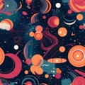 Abstract geometric seamless space pattern with weird and wonderful shapes on a blue background generative AI