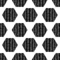 Abstract geometric seamless vector background black hexagons on white. Repeating pattern with doodle texture hexagon shapes black