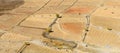 Abstract geometric shape agriculture parcel field of different crops on yellow meadow. Dry Arid Climate region. Ariel view.