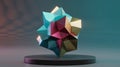 Abstract geometric shape with colorful facets on a pedestal in a studio setting Royalty Free Stock Photo