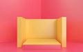 Abstract geometric shape group set, pink studio background, rectangle yellow pedestal, 3d rendering, scene with geometrical forms