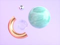 Abstract geometric shape pink/purple background green marble gold semicircle floating 3d rendering