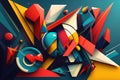 Abstract geometric shapes in bold shades of red, blue, yellow, and green overlapping and intersecting to form a dynamic Royalty Free Stock Photo