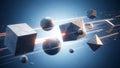 Abstract geometric shapes cube sphere pyramid floating in cosmic space with light streaks Royalty Free Stock Photo