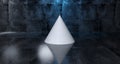 Abstract Geometric Simple Primitive Shape White Cone In Realistic Dark Concrete Room Texture With Blue Light 3D Rendering Royalty Free Stock Photo