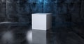 Abstract Geometric Simple Primitive Shape White Cube In Realistic Dark Concrete Room Texture With Blue Light 3D Rendering Royalty Free Stock Photo