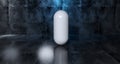 Abstract Geometric Simple Primitive Shape White Pill In Realistic Dark Concrete Room Texture With Blue Light 3D Rendering Royalty Free Stock Photo