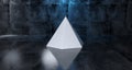 Abstract Geometric Simple Primitive Shape White Pyramid In Realistic Dark Concrete Room Texture With Blue Light 3D Rendering Royalty Free Stock Photo