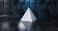 Abstract Geometric Simple Primitive Shape White Pyramid In Realistic Dark Concrete Room Texture With Blue Light 3D Rendering Royalty Free Stock Photo
