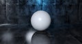 Abstract Geometric Simple Primitive Shape White Sphere In Realistic Dark Concrete Room Texture With Blue Light 3D Rendering Royalty Free Stock Photo