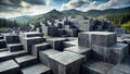 Abstract geometric stone structure in a mountainous landscape with a cloudy sky. Generative AI Royalty Free Stock Photo