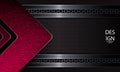 Abstract geometric textural design of dark color with frame, shiny edging and embossed pink arrow