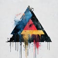 Abstract geometric triangle with dripping paint and splatter effect on white background Royalty Free Stock Photo