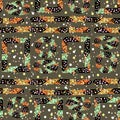 Abstract geometric vector seamless pattern. Bright dotted multi-colored rectangles and circles on khaki green background.