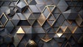 Abstract geometric wall of dark gray and gold triangles, rhombuses, and hexagons. Generative AI Royalty Free Stock Photo