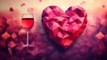 Abstract Geometric Wine Glasses and Heart Art on Valentines Day Red Background with Bokeh