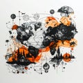 Abstract Geometric World Map in Black and Orange on White Background Royalty Free Stock Photo