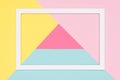 Abstract geometrical pastel blue, pink and yellow paper flat lay background. Minimalism, geometry and symmetry template.