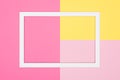 Abstract geometrical pastel pink and yellow paper flat lay background. Minimalism, geometry and symmetry template with empty frame