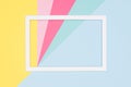 Abstract geometry flat lay pastel blue, pink and yellow paper texture minimalism background. Minimal geometric shapes and lines.
