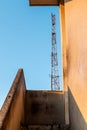 The abstract geometry of the rustic walls of a staircase going up an old building with a Royalty Free Stock Photo