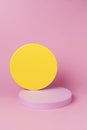 Abstract geometry shape pink and yellow color podium on pink color background for product