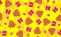 Abstract gift box, cake and ice cream in seamless pattern on yellow background Royalty Free Stock Photo