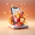 Abstract Gifts with Cocards. Golden balls and smartphone screen on white podium, orange background.Valentine\'s Day banner