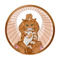 Abstract ginger cat in a spinning wheel holding a yoga pose