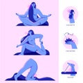 Abstract girl doing yoga and three mini illustration icons