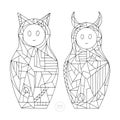 Abstract girls coloring book. Hand drawn cat and devil characters vector illustration. Stylized nesting doll outlines.